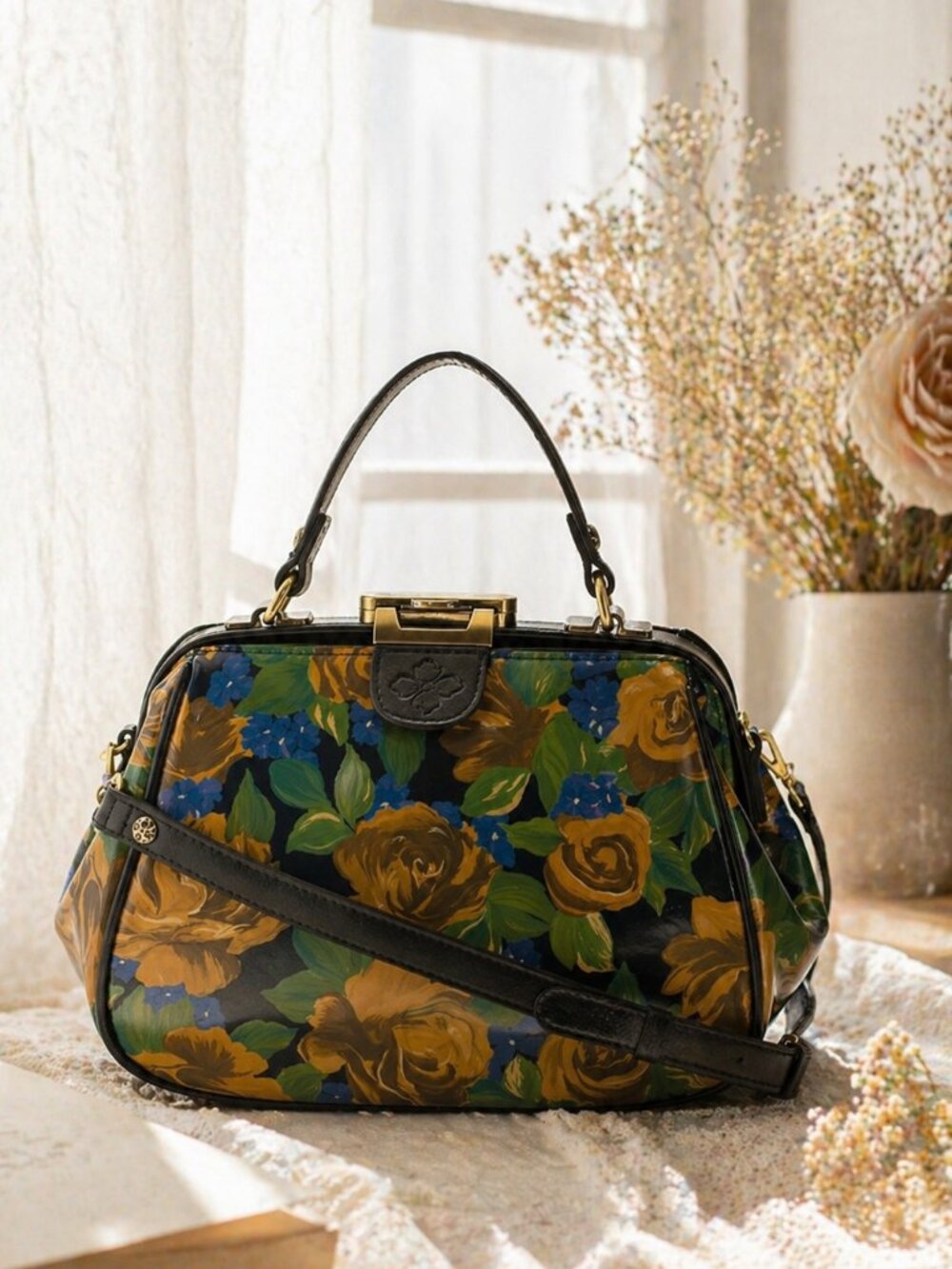 Patricia Nash Gracchi Frame Leather Blue Sky Rose Handbag Xbody Floral Blue